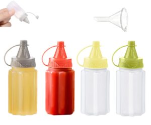 thyulife 4 pack mini ketchup bottles with funnel, 25ml, bpa free, leakproof, portable, refillable, suitable for bbq, kitchen, picnic, wedding, luncheon, salad dressing, syrups, oil, vinegar