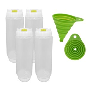 fifo squeeze bottle refillable (4 pack) yellow dispenser for most condiments, smooth sauces, ketchup, mustard, bbq and dressing with flexible funnel