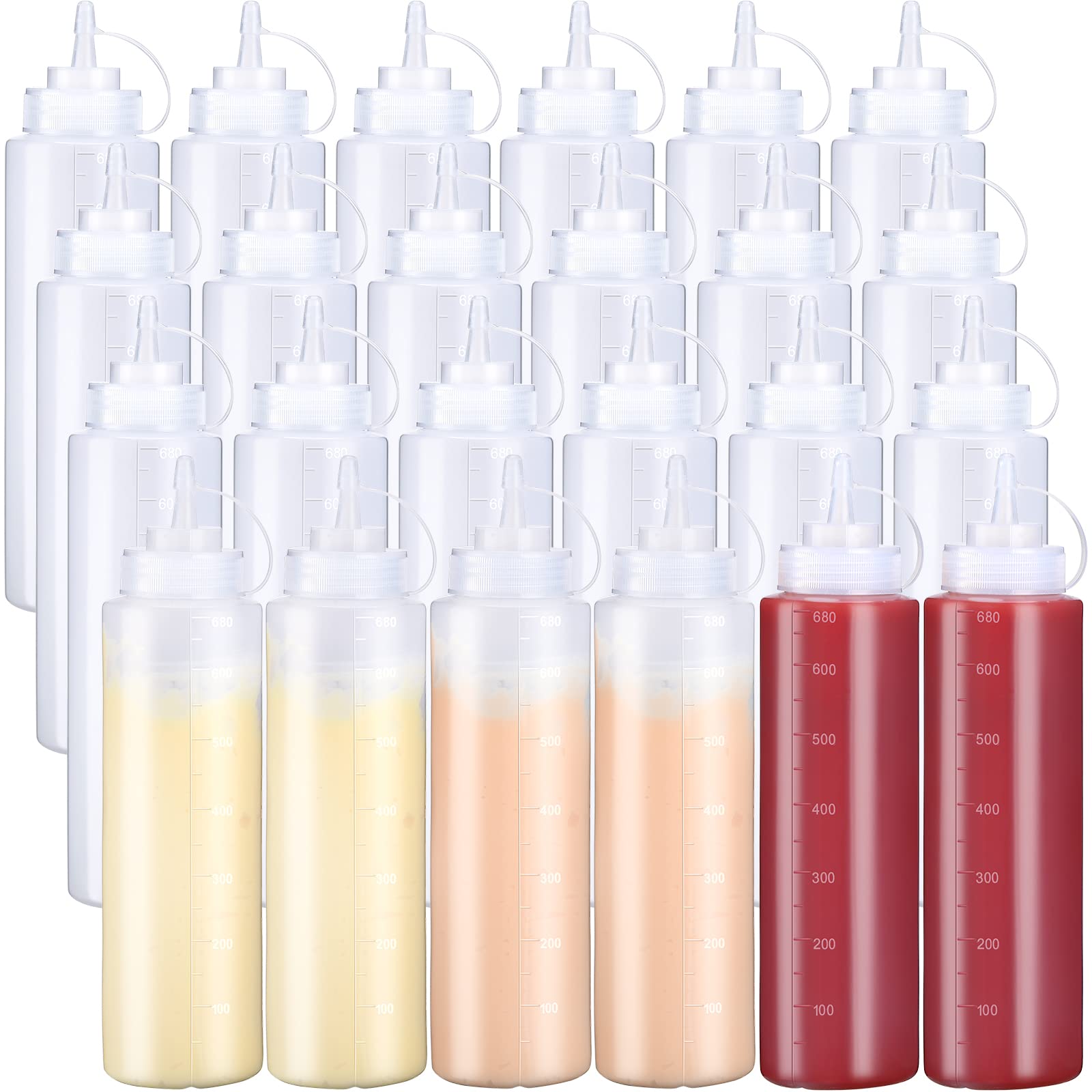 24 Pcs 24 oz Plastic Condiment Squeeze Bottles Squeeze Leak Proof Multipurpose Squirt Bottles with Twist Top Cap for Sauces Ketchup BBQ Syrup Dressings Paint Grilling Crafts Olive Oil Arts, Clear