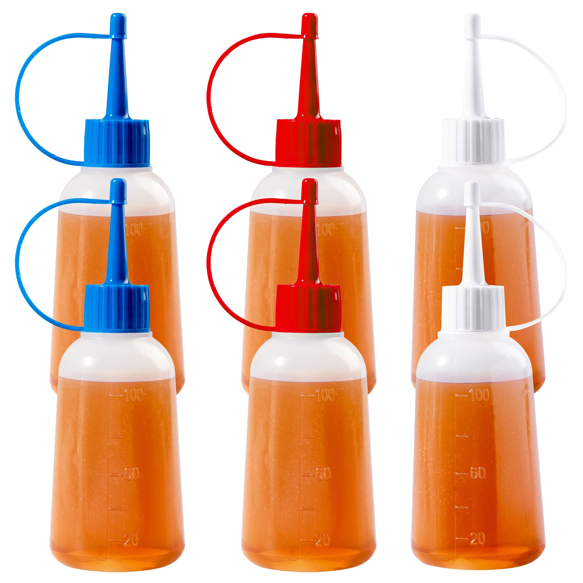 EBLLPA 6 Pack 100ml Plastic Squeeze Bottles with Red Tip Caps and Measurement, Reusable Squirt Bottles Soft Applicator Bottle Small Mini Squeeze Bottle for Paint, Crafts, Art, Glue, Condiments, Sauces