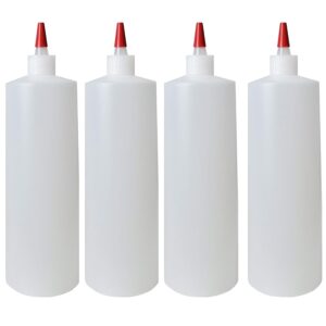 kelkaa 32oz 28/410 hdpe plastic cylinder squeeze bottles with dispensing yorker long red sealer tip caps, for food, crafts, diy liquid products, multi-use refillable bottles (pack of 4)