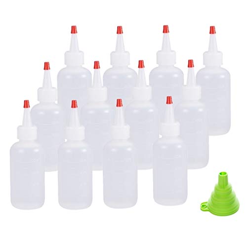 12 Pack 4 Ounce Plastic Squeeze Dispensing Bottles with Red Tip Caps and Measurement - Perfect For Ketchup, BBQ, Sauces, Syrup, Condiments, Dressings, Arts and Crafts - BPA-Free，Equipped with a funnel