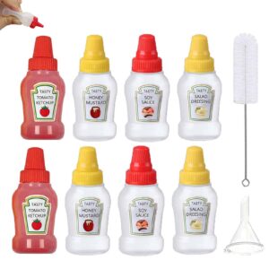 thyulife 8pcs mini condiment squeeze bottles with cleaning brush, 25ml leakproof mini ketchup sauce bottles refillable ketchup/soy sauce/honey/salad dressing bottles container for lunch box, bpa free