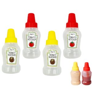 lopuro 4pcs mini ketchup bottle, 25ml plastic condiment squeeze bottles refillable ketchup soy sauce honey salad dressing container bottles with screw cap for camping office school bbq bento box