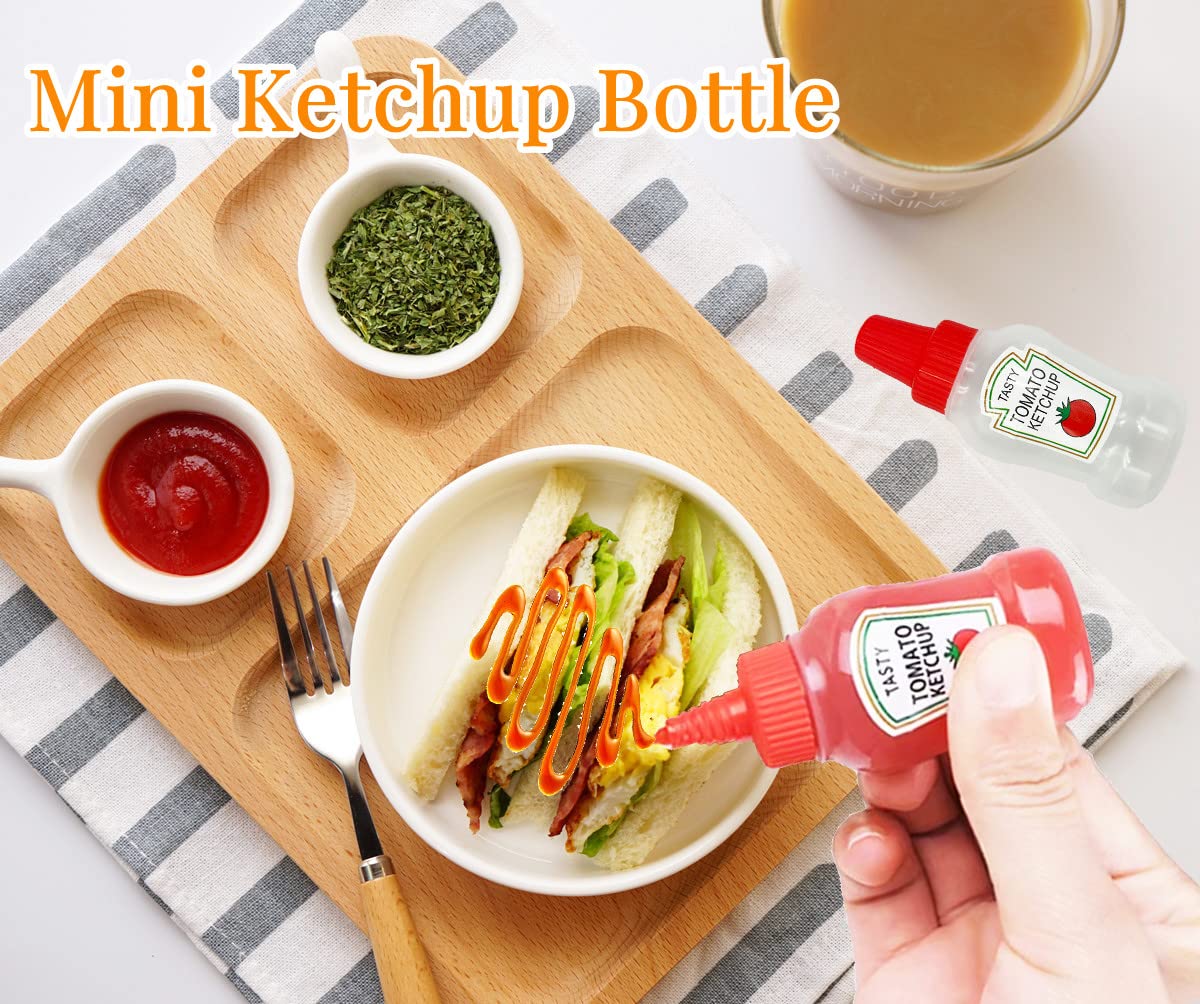 LOPURO 4Pcs Mini Ketchup Bottle, 25ml Plastic Condiment Squeeze Bottles Refillable Ketchup Soy Sauce Honey Salad Dressing Container Bottles with Screw Cap for Camping Office School BBQ Bento Box