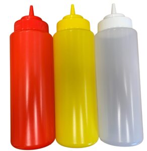 large ketchup mustard and clear bpa free food prep set of 3 plastic squeeze bottles for condiments holds 32 oz each