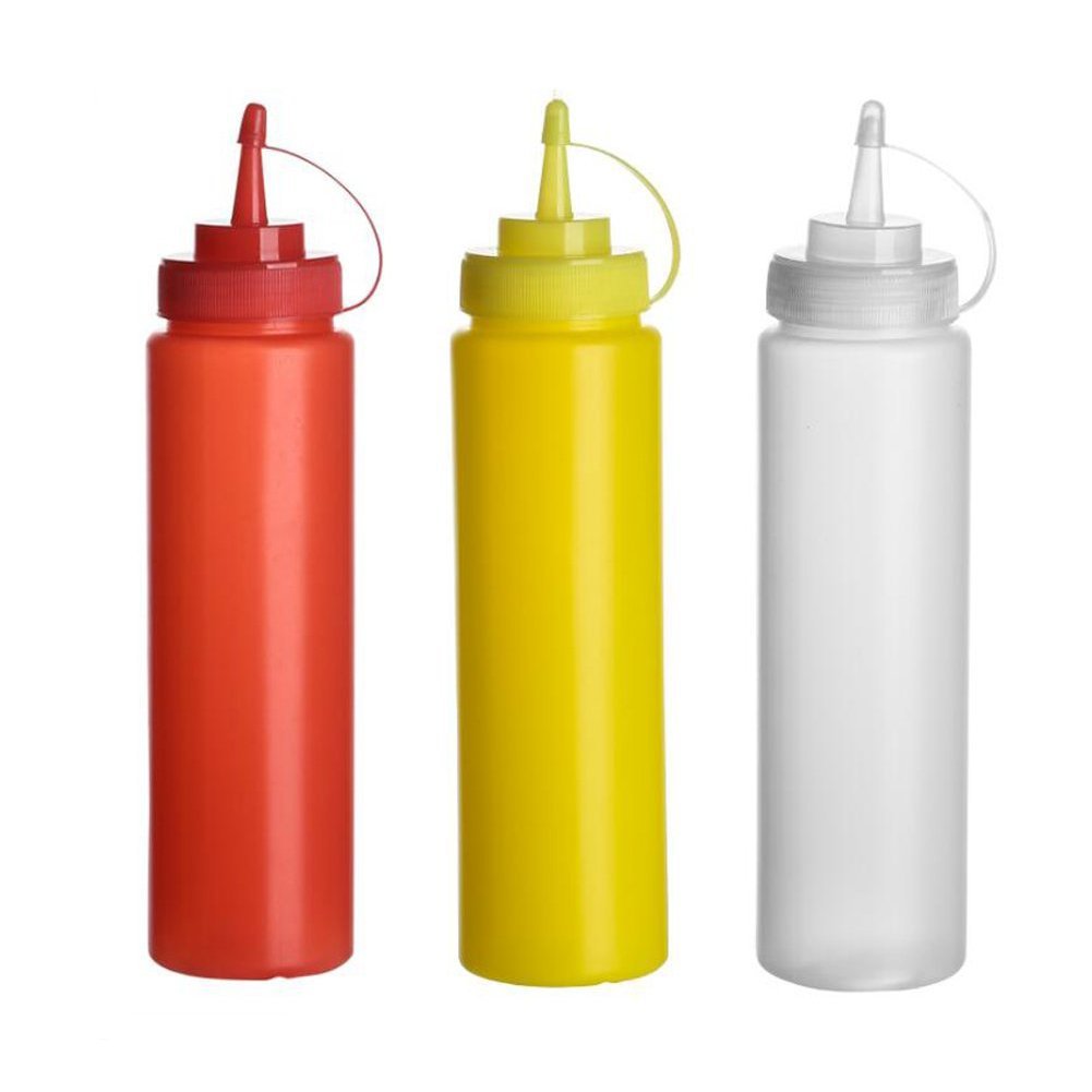 3PCS 12oz/360ML Empty Refillable Squeeze Sauce Condiment Bottles Food Grade Mustard Storage Container Jar Pot with Twist on Cap Lids for Ketchup Mayo Vinegar Cream Honey Salad Dressing(Color Random)