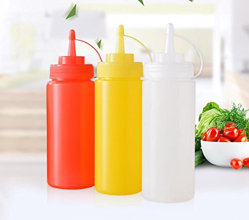 3PCS 12oz/360ML Empty Refillable Squeeze Sauce Condiment Bottles Food Grade Mustard Storage Container Jar Pot with Twist on Cap Lids for Ketchup Mayo Vinegar Cream Honey Salad Dressing(Color Random)