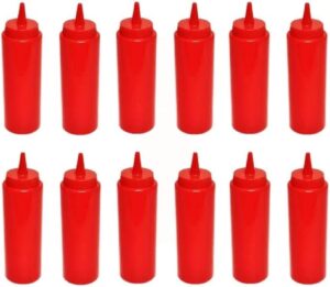 truecraftware-set of 12 squeeze condiment dispensing bottles 12 oz red- plastic squeeze bottle for sauces spreads ketchup mustard mayo hot sauces and olive oil