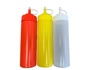 ketchup mustard and clear bpa free widemouth food prep set of 3 plastic squeeze bottles with caps for condiments holds 12 oz each
