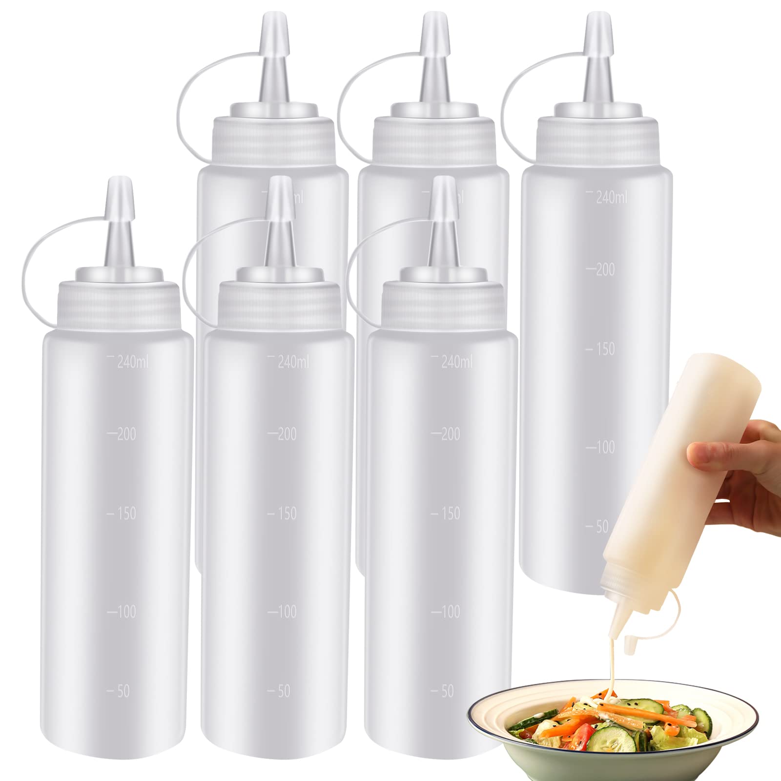 TACYKIBD 6 Pcs 8 Oz Condiment Squeeze Bottles, Plastic Squeeze Squirt Bottles with Twist on Caps and Measurement, Container Dispenser for Ketchup Mustard BBQ Sauces Salad Dressings Olive Oil