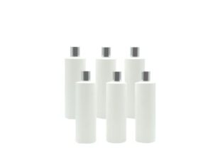 plastic bottle 16 oz/500ml, hdpe,white color, with silver disk top cap, pack of 6 are perfect for filling liquid soap lotion conditiner shampoo, cleaning and disinfecting, multy purpuse use.