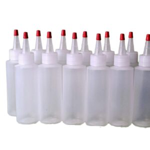 SanDaveVA Brand 4oz Plastic Squeeze Bottles Yorker Caps 12/pk Food Grade Highly Squeezable for Cake Decorating, Condiments, Paint, Crafts, Tattoo Ink, Dye or Glue Long Replacement Caps Included