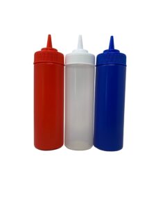 squeeze bottles in patriotic red white and blue colors for condiments oils dressings 12oz each