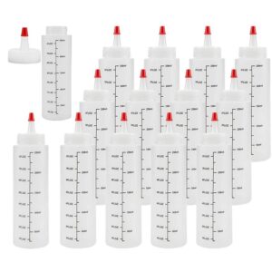 14 pack 8 oz/250ml plastic squeeze bottles with red tip cap & black scale plastic squirt bottle for ketchup,sauces,bbq, and more。