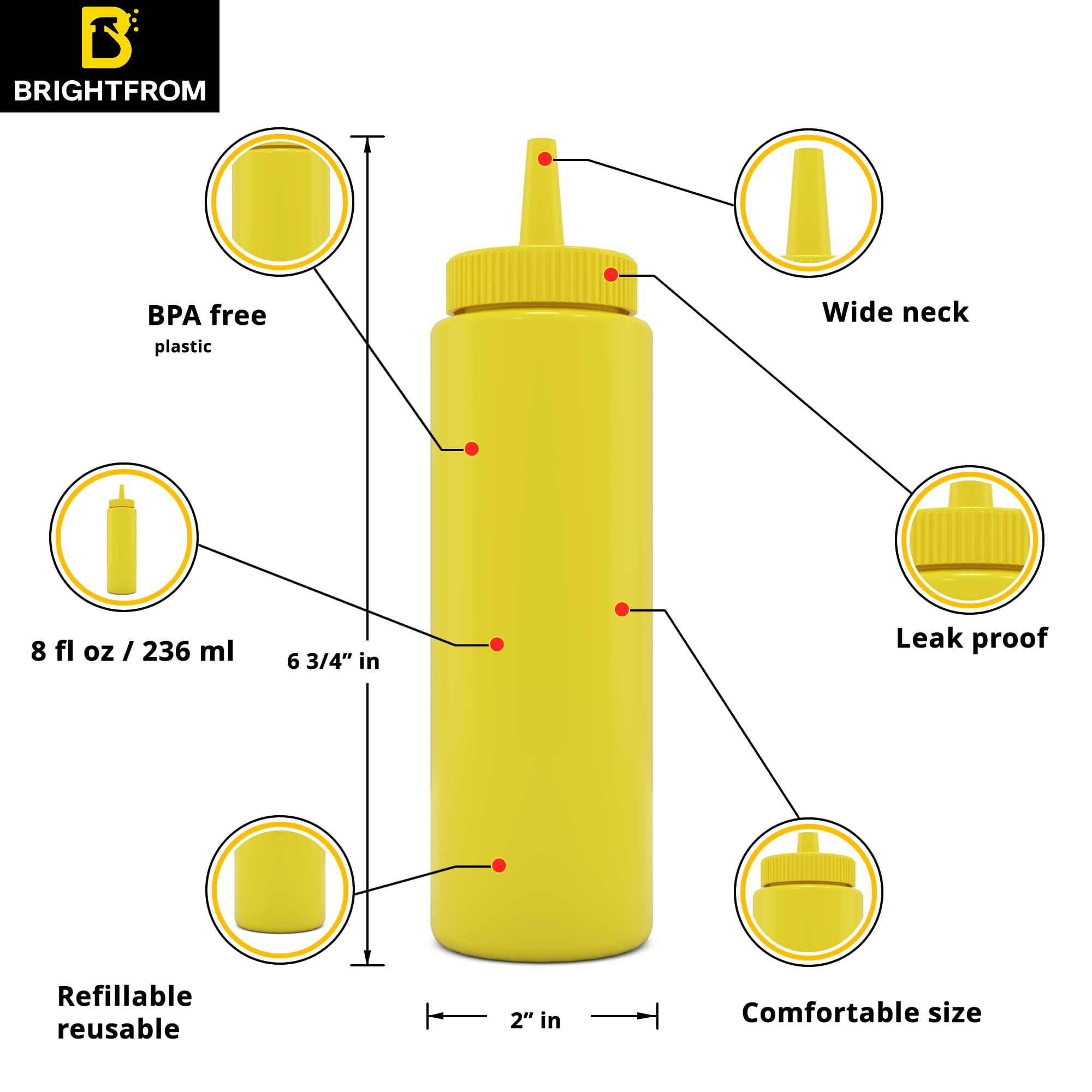 BRIGHTFROM Condiment Squeeze Bottles, YELLOW 8 OZ Empty Squirt Bottle with Wide Neck - Great for Ketchup, Mustard, Syrup, Sauces, Dressing, Oil, BPA FREE Plastic - 2 PACK