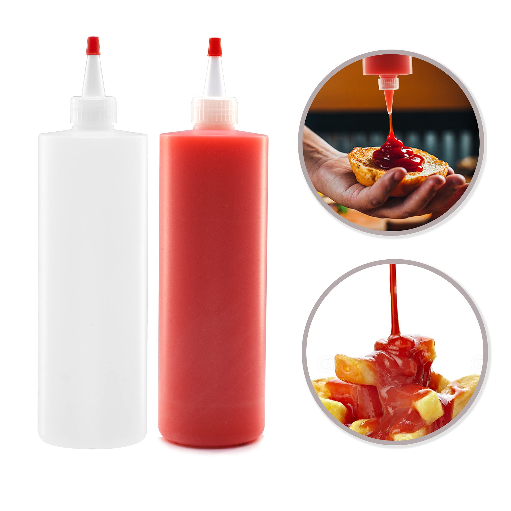 LAKESHORE TRADE Plastic Squeeze Bottles with Leak-Proof Red Colored Caps, Set of 8, Ideal Dispenser for Mustard, Ketchup, Sauces and condiments (16 oz)