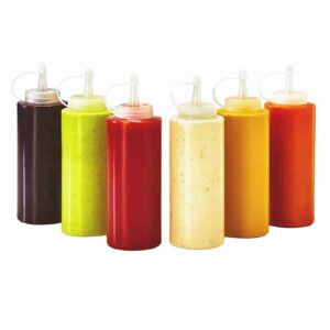 on condiment bottle, set of 6 plastic squeeze condiment bottles for mustard dressing ketchup bbq sauce mayonnaise syrup honey arts crafts, 16 oz condiments squirt bottle leakproof twist on cap lids