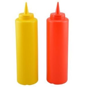 cooking concepts 16oz ketchup & mustard plastic squeeze condiment bottle w/lids for bbq, kitchen, picnic red and yellow