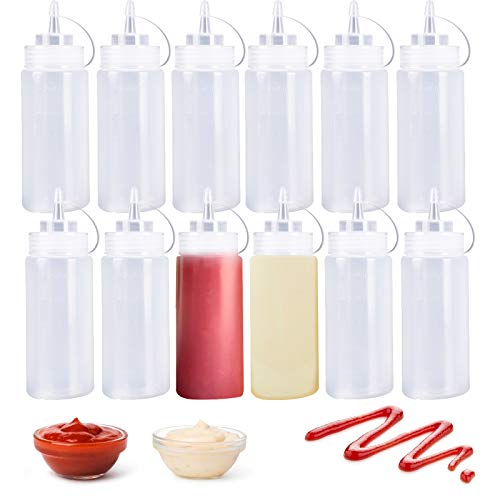 12Pcs Condiment Squeeze Bottles 8.4 oz Plastic Sauce Squeeze Squirt Bottles with Twist On Cap Lids and Measurements - for Ketchup, BBQ, Sauces, Syrup, Condiments, Dressings, Painting