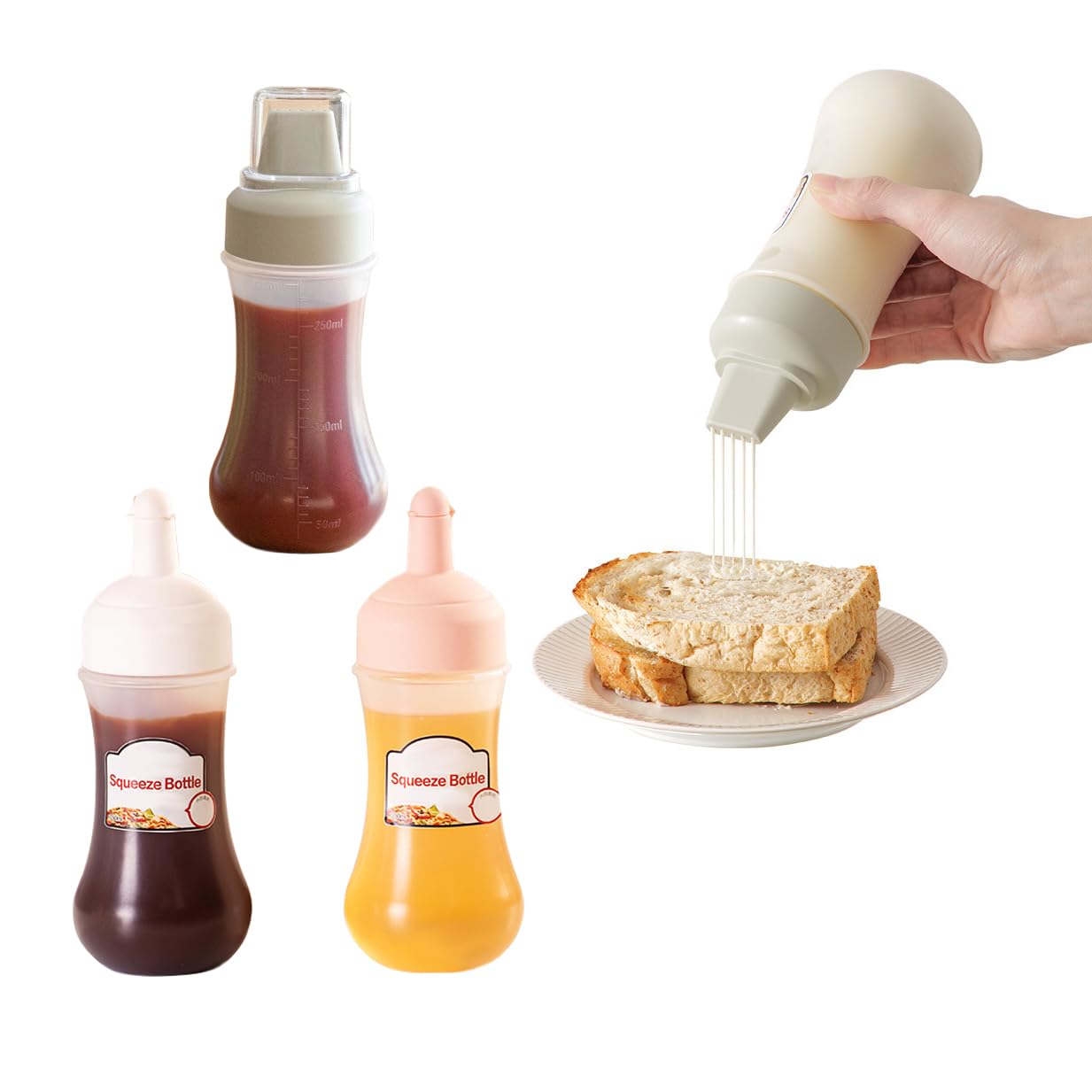 RROAD Measurable Condiment Squeeze Bottle 4PACS Sauce Squeeze Bottle Household plastic squeeze bottle kitchen tomato salad 5-hole squeeze bottle