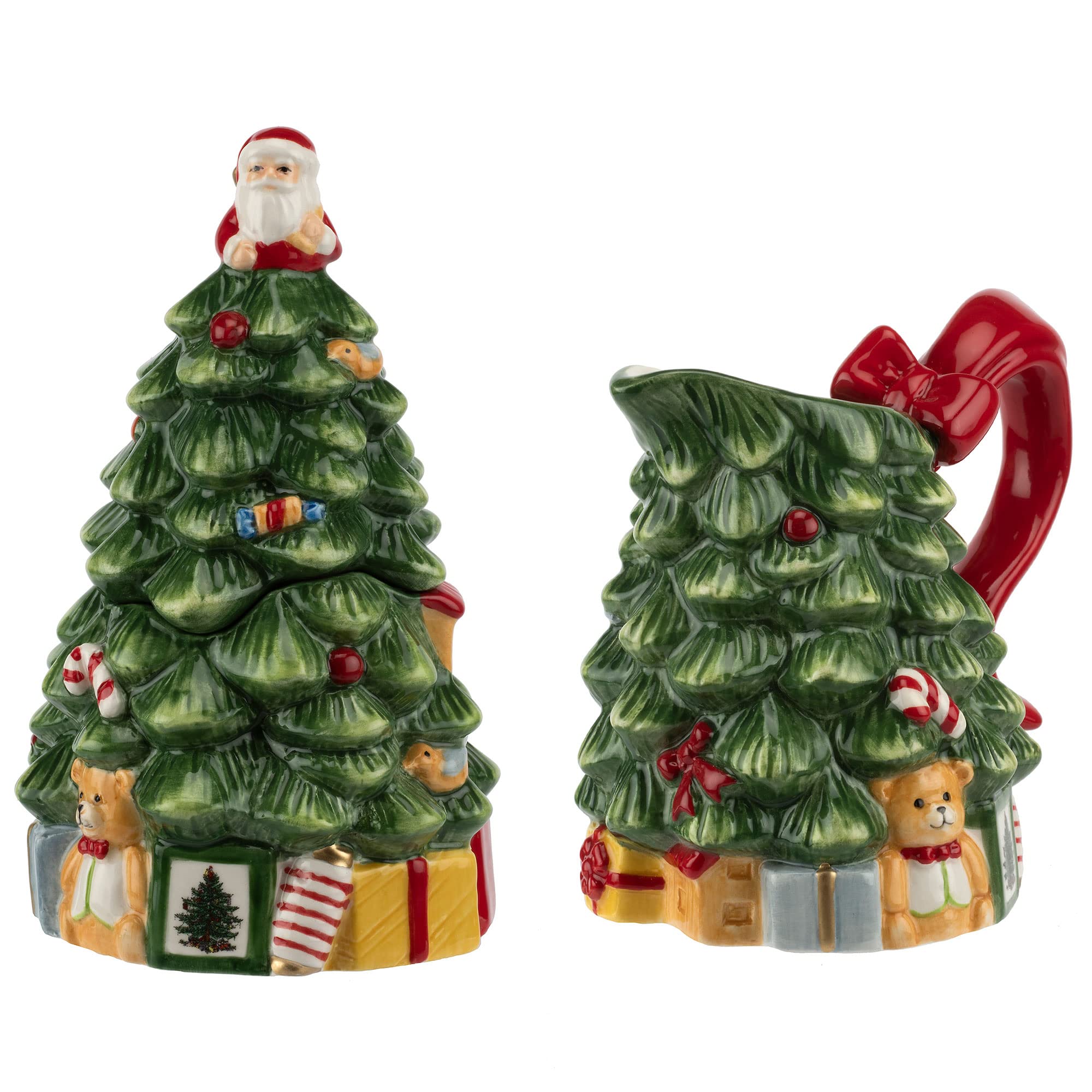 Spode Christmas Tree Sugar and Creamer Set | Set of Figural Tree Creamer Jug and Sugar Jar | Made of Fine Dolomite | 7.4-ounce creamer 5.3 Ounce Lidded Sugar Jar