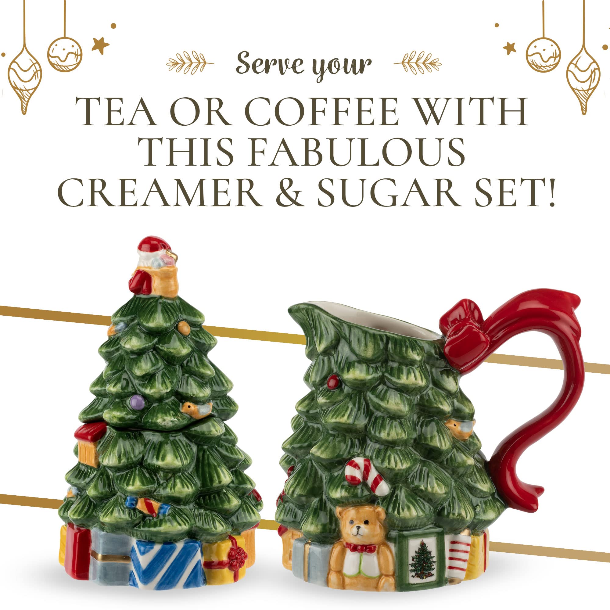 Spode Christmas Tree Sugar and Creamer Set | Set of Figural Tree Creamer Jug and Sugar Jar | Made of Fine Dolomite | 7.4-ounce creamer 5.3 Ounce Lidded Sugar Jar