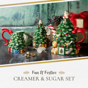 Spode Christmas Tree Sugar and Creamer Set | Set of Figural Tree Creamer Jug and Sugar Jar | Made of Fine Dolomite | 7.4-ounce creamer 5.3 Ounce Lidded Sugar Jar