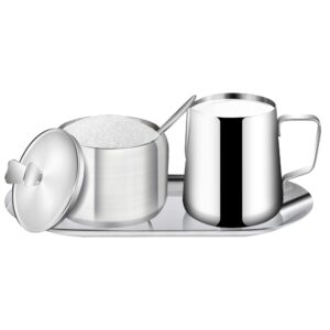 worldity stainless steel sugar and creamer set, coffee sets for serving, latte milk cup cream jug and sugar bowl with lid spoon tray for coffee bar