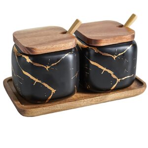 jfflyit 2 sets of marble ceramic sugar bowl ceramic seasoning jars with wooden lid and wooden spoon(black)