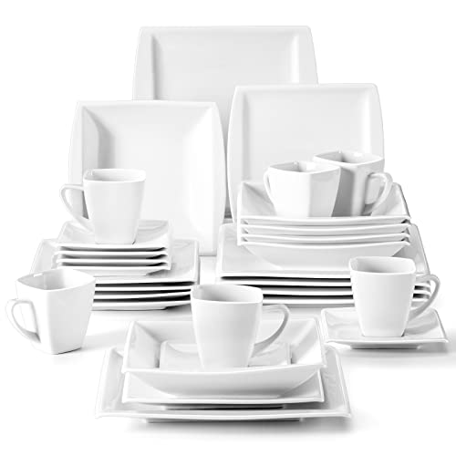 MALACASA Dinnerware Sets, 30 Piece Ivory White Plates and Bowls Sets for 6, Square Plates Dinnerware Set, Porcelain Dinnerware with Dinner Plates Set, Cup & Saucer, Modern Dish Set, Series Blance