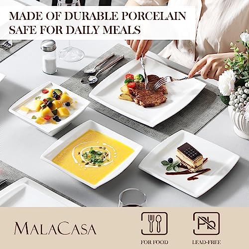 MALACASA Dinnerware Sets, 30 Piece Ivory White Plates and Bowls Sets for 6, Square Plates Dinnerware Set, Porcelain Dinnerware with Dinner Plates Set, Cup & Saucer, Modern Dish Set, Series Blance