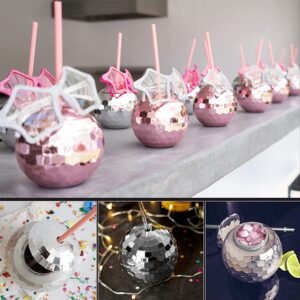 ANTQUE 9 PCS Disco Ball Cup with Straws, Tumbler Reusable Disco Flash Ball Cups for Party, Cocktail Ball Cups Spherical with Lid and Straw Wine Cups for Nightclub Bar Party Decor(Silver)