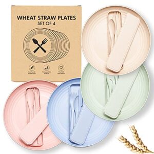 wheat straw dinnerware sets 10 inch - assorted color plates with matching utensil sets- microwave,dishwasher & freezer safe - lightweight,unbreakable, bpa free- wheat straw plates great for children