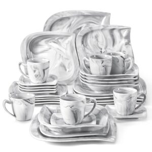 malacasa dinnerware sets for 6, 30 piece porcelain plates and bowls sets, marble dish set with dinner plate set, cup and saucer, square plates dinnerware set, modern dishes dinnerware, series elvira