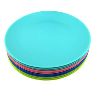 yuyuhua plastic plates reusable 10 inch - kitchen flat dinner plates - dishwasher safe & microwavable plates set of 12 - kids stacking colorful plates for indoor outdoor (bpa free)