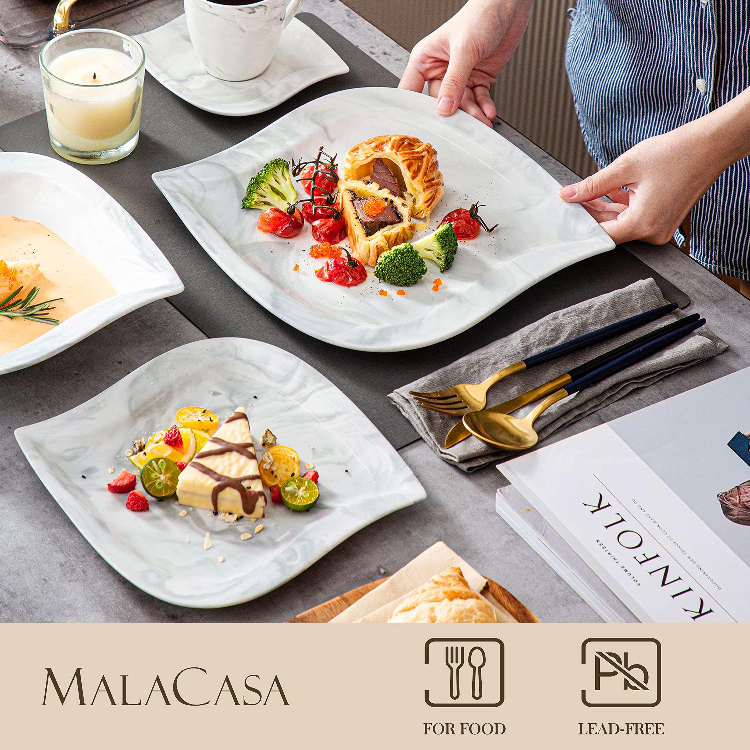 MALACASA Dinnerware Sets for 6, 30 Piece Porcelain Plates and Bowls Sets, Marble Dish Set with Dinner Plate Set, Cup and Saucer, Square Plates Dinnerware Set, Modern Dishes Dinnerware, Series Elvira