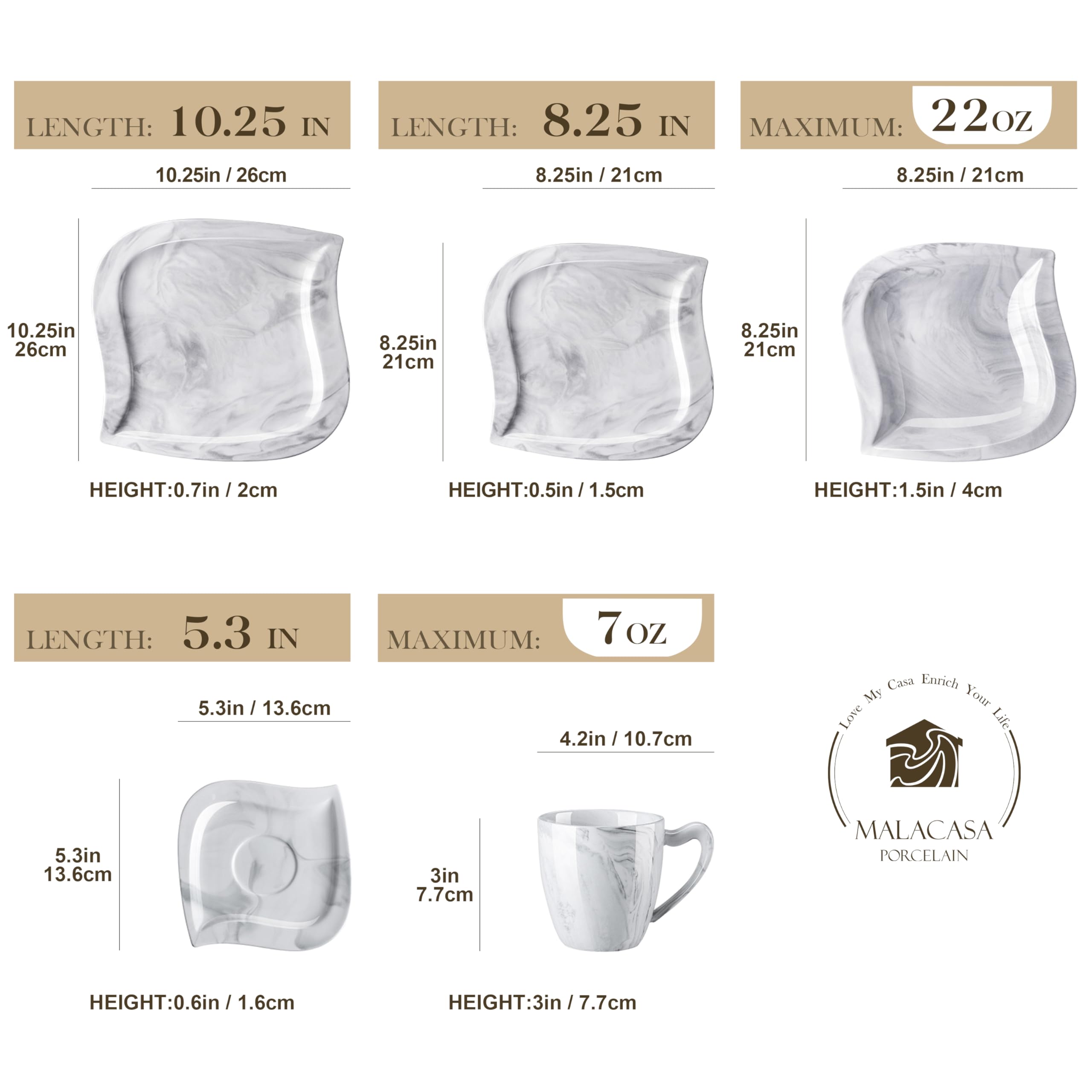 MALACASA Dinnerware Sets for 6, 30 Piece Porcelain Plates and Bowls Sets, Marble Dish Set with Dinner Plate Set, Cup and Saucer, Square Plates Dinnerware Set, Modern Dishes Dinnerware, Series Elvira