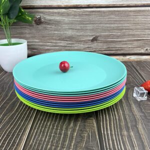 YUYUHUA Plastic Plates Reusable 10 inch - Kitchen Flat Dinner Plates - Dishwasher Safe & Microwavable Plates set of 12 - Kids Stacking Colorful Plates for Indoor Outdoor (BPA Free)