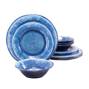 topmela 12 pcs blue melamine dinnerware set, shatterproof and dishwasher safe, ideal for indoor and outdoor use