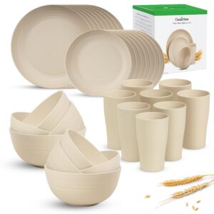causeware wheat straw dinnerware sets - service for 8, 32 piece unbreakable dinnerware, lightweight, durable wheat straw bowls, cups & plates - sandstone