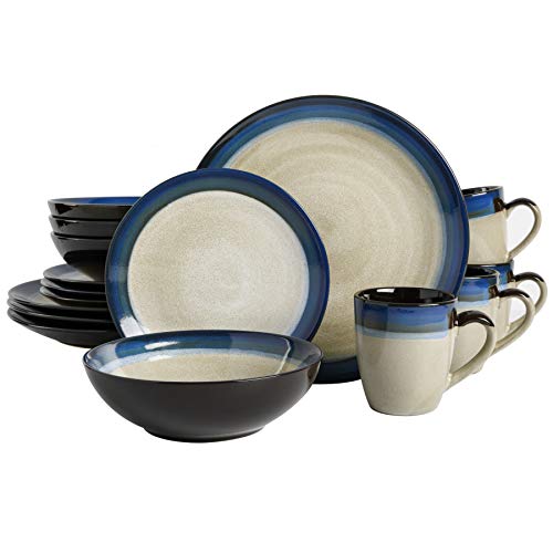 Gibson Elite Couture Bands Round Reactive Glaze Stoneware Dinnerware Set, Service for Four (16pcs), Blue and Cream