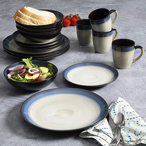 Gibson Elite Couture Bands Round Reactive Glaze Stoneware Dinnerware Set, Service for Four (16pcs), Blue and Cream