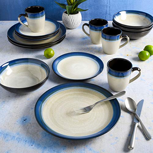 Gibson Elite Couture Bands Round Reactive Glaze Stoneware Dinnerware Set, Service for Four (16pcs), Blue and Cream