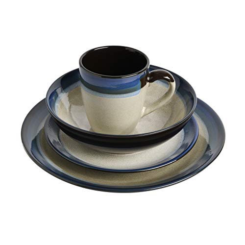 Gibson Elite Couture Bands Round Reactive Glaze Stoneware Dinnerware Set, Service for Four (16pcs), Blue and Cream