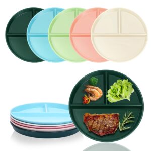 dyb dongyongbao portion control plate for weight loss 9inch 5ps, reusable wheat straw round plastic divided dinner plates, microwave and dishwasher safe, suitable for kids and adults