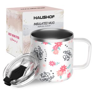 haushof mom mug with lid, 14oz insulated coffee mug with handle for best mom, birthday christmas gifts for worlds best mom, floral happy mothers day
