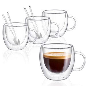 OYY Coffee Mugs Set of 4, 5oz Double Wall Glass Coffee Cups, Clear Expresso Mug with Spoons for Latte, Beverage, Tea, cappuccino