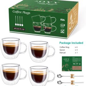 OYY Coffee Mugs Set of 4, 5oz Double Wall Glass Coffee Cups, Clear Expresso Mug with Spoons for Latte, Beverage, Tea, cappuccino