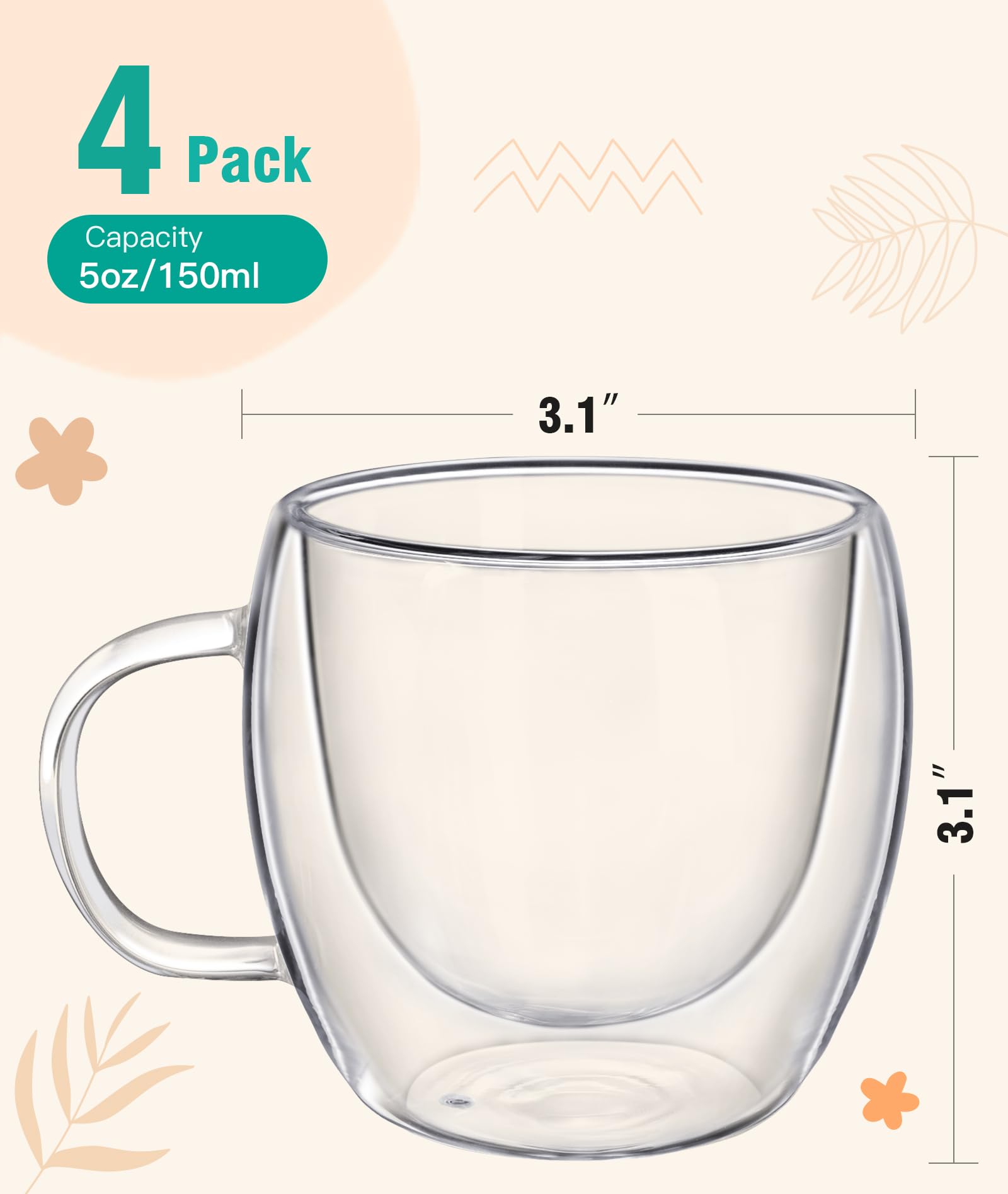 OYY Coffee Mugs Set of 4, 5oz Double Wall Glass Coffee Cups, Clear Expresso Mug with Spoons for Latte, Beverage, Tea, cappuccino